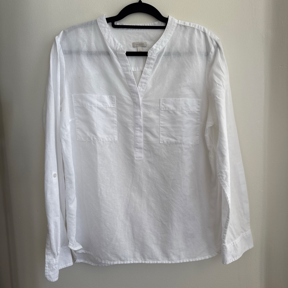 Talbots White Women’s Linen blend Casual Button Down Shirt